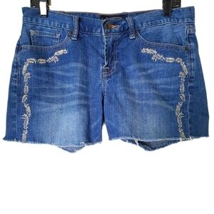 Lucky Brand Women's Cutoff Denim Abbey Shorts with Cream Embroidered Vines Jorts